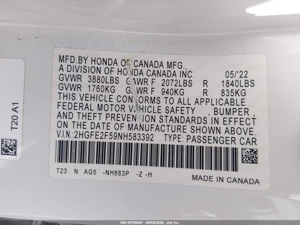 2HGFE2F59NH583392 2022 HONDA CIVIC photo no. 9