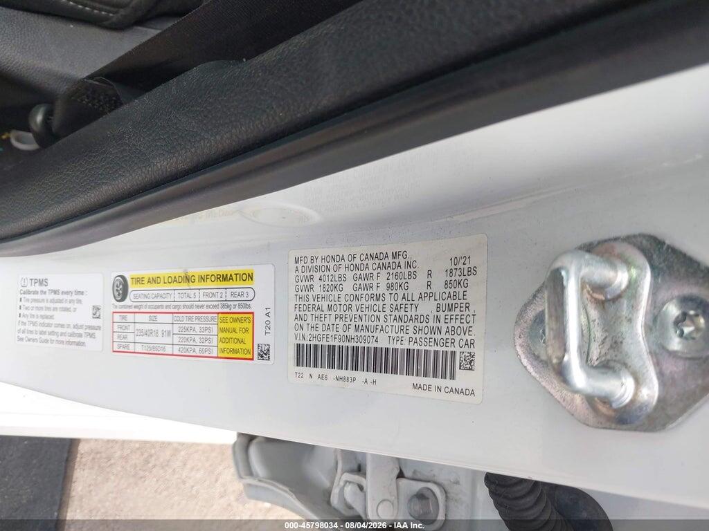 2HGFE1F90NH309074 2022 HONDA CIVIC photo no. 9