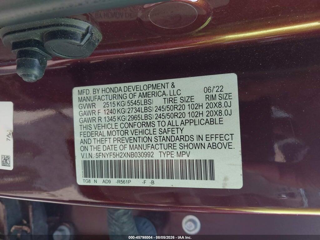 5FNYF5H2XNB030992 2022 HONDA PILOT photo no. 9