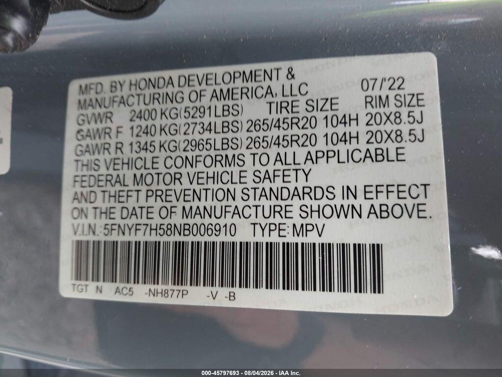 5FNYF7H58NB006910 2022 HONDA PASSPORT photo no. 9
