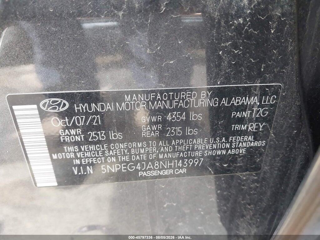 5NPEG4JA8NH143997 2022 HYUNDAI SONATA photo no. 9