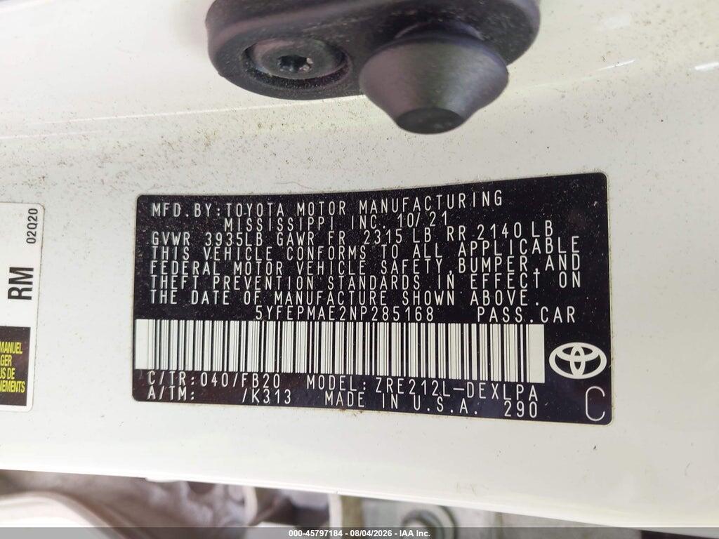 5YFEPMAE2NP285168 2022 TOYOTA COROLLA photo no. 9