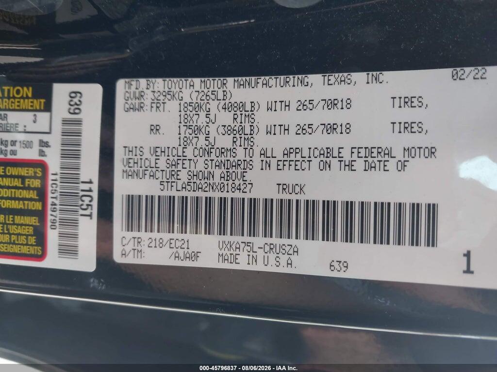 5TFLA5DA2NX018427 2022 TOYOTA TUNDRA photo no. 9