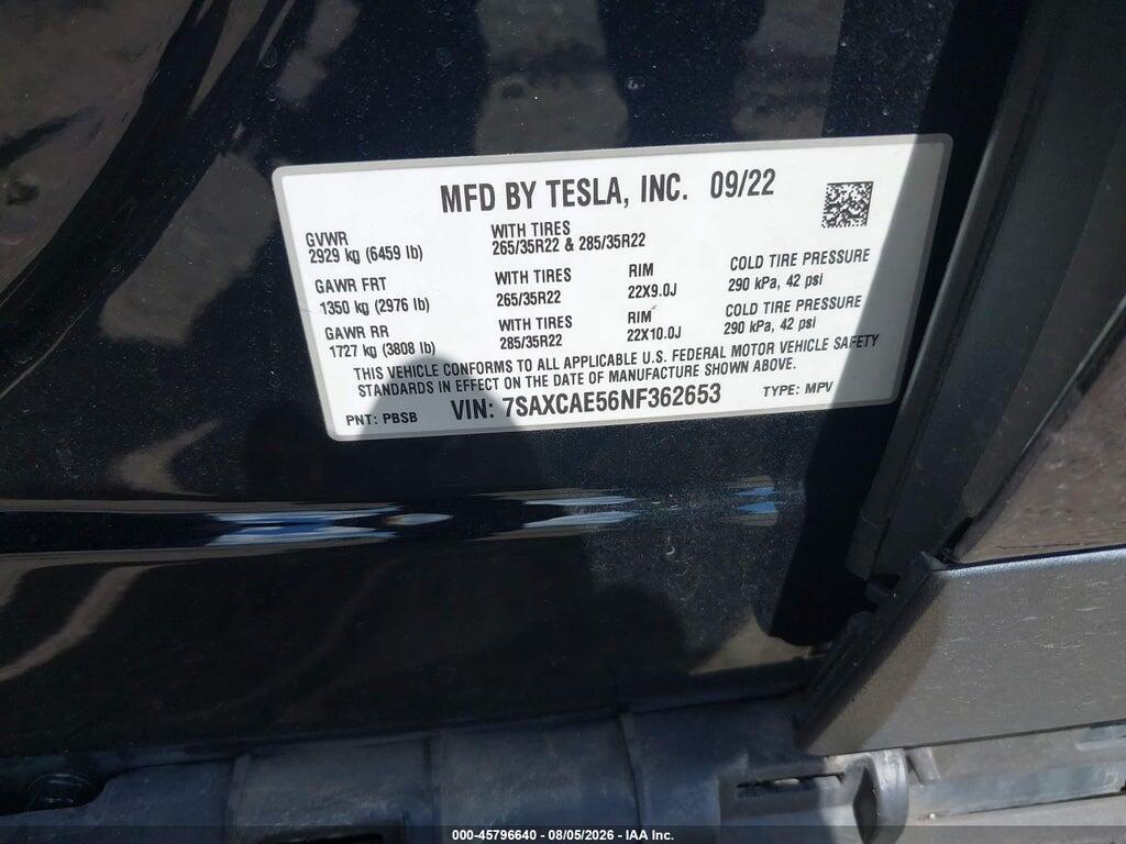 7SAXCAE56NF362653 2022 TESLA MODEL X photo no. 9