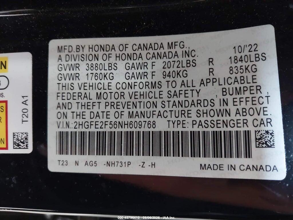 2HGFE2F56NH609768 2022 HONDA CIVIC photo no. 9