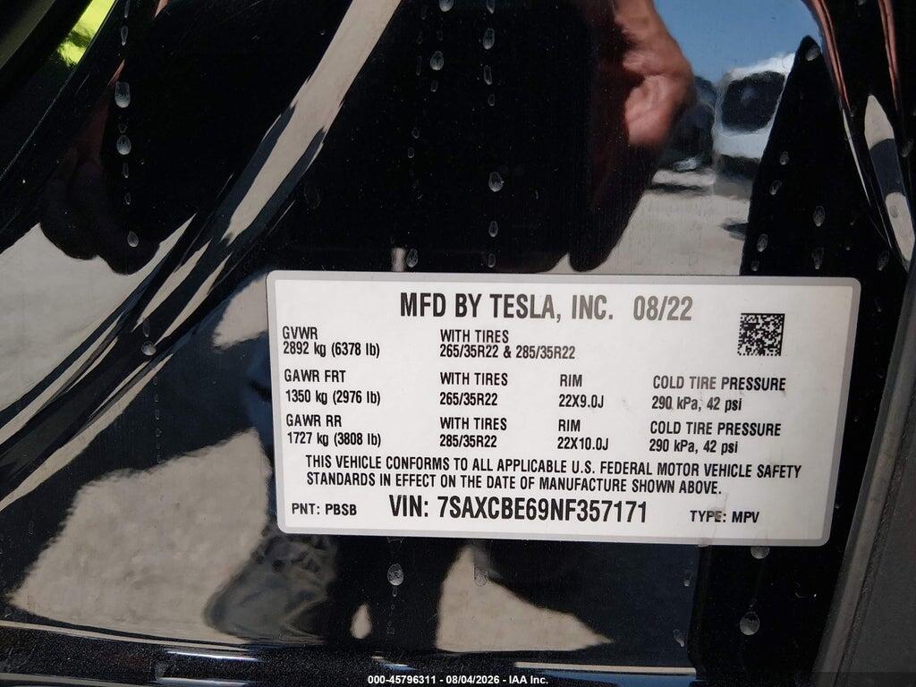 7SAXCBE69NF357171 2022 TESLA MODEL X photo no. 9