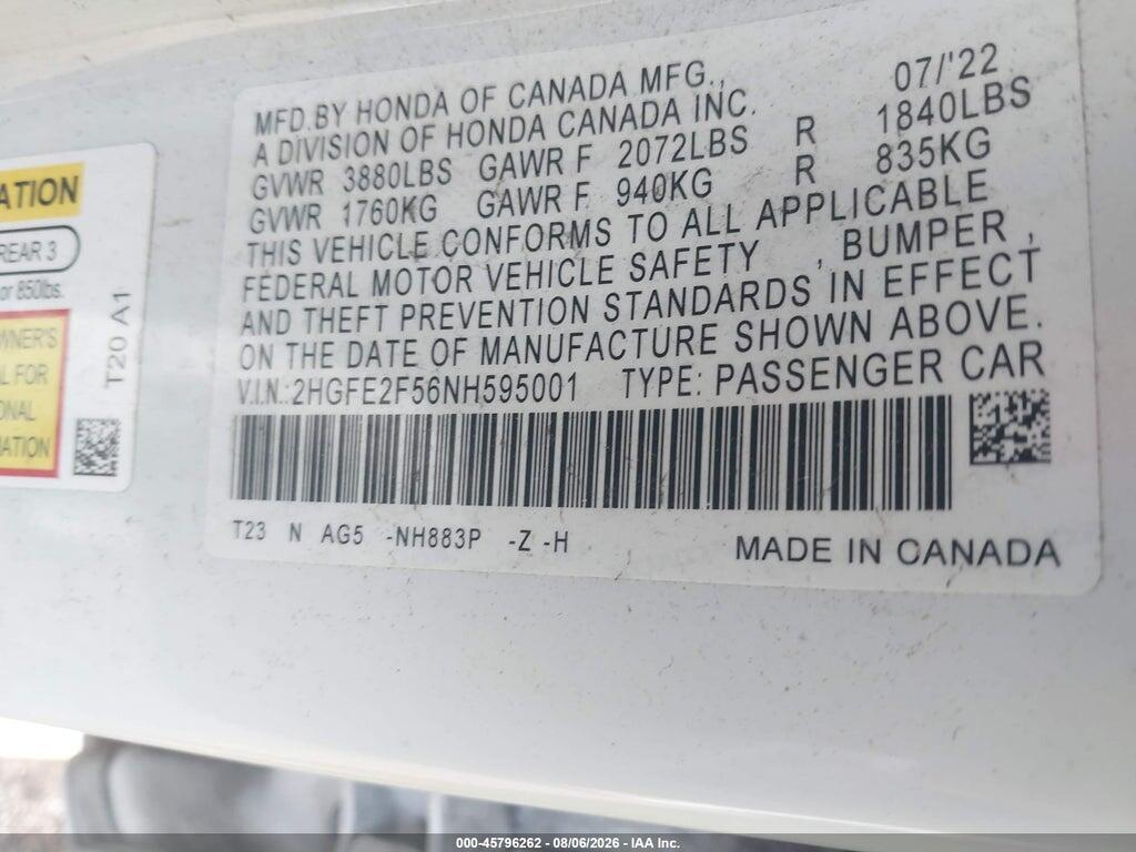 2HGFE2F56NH595001 2022 HONDA CIVIC photo no. 9