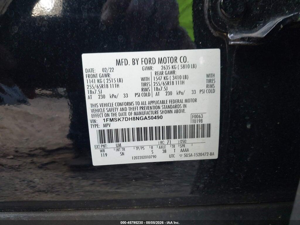 1FMSK7DH8NGA50490 2022 FORD EXPLORER photo no. 9
