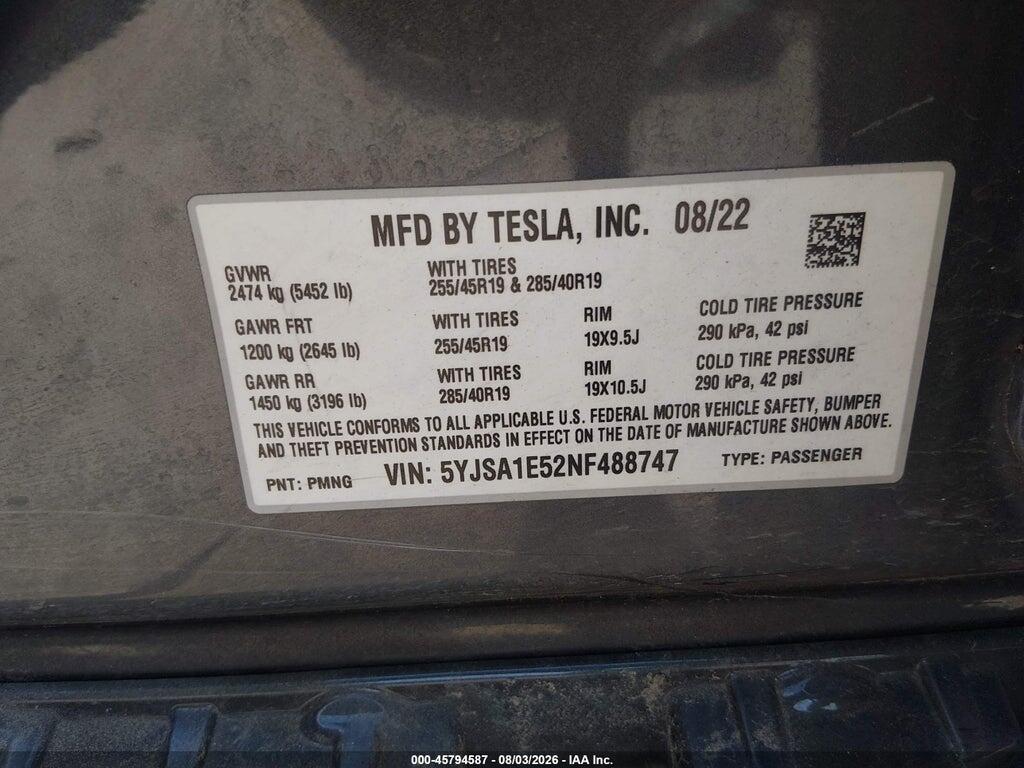 5YJSA1E52NF488747 2022 TESLA MODEL S photo no. 9