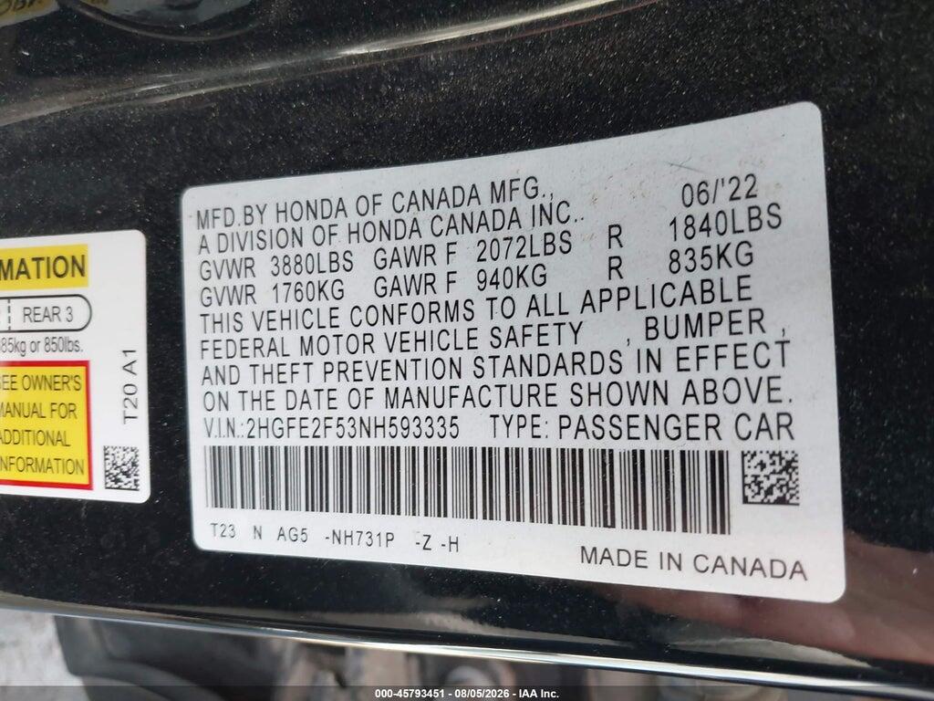 2HGFE2F53NH593335 2022 HONDA CIVIC photo no. 9
