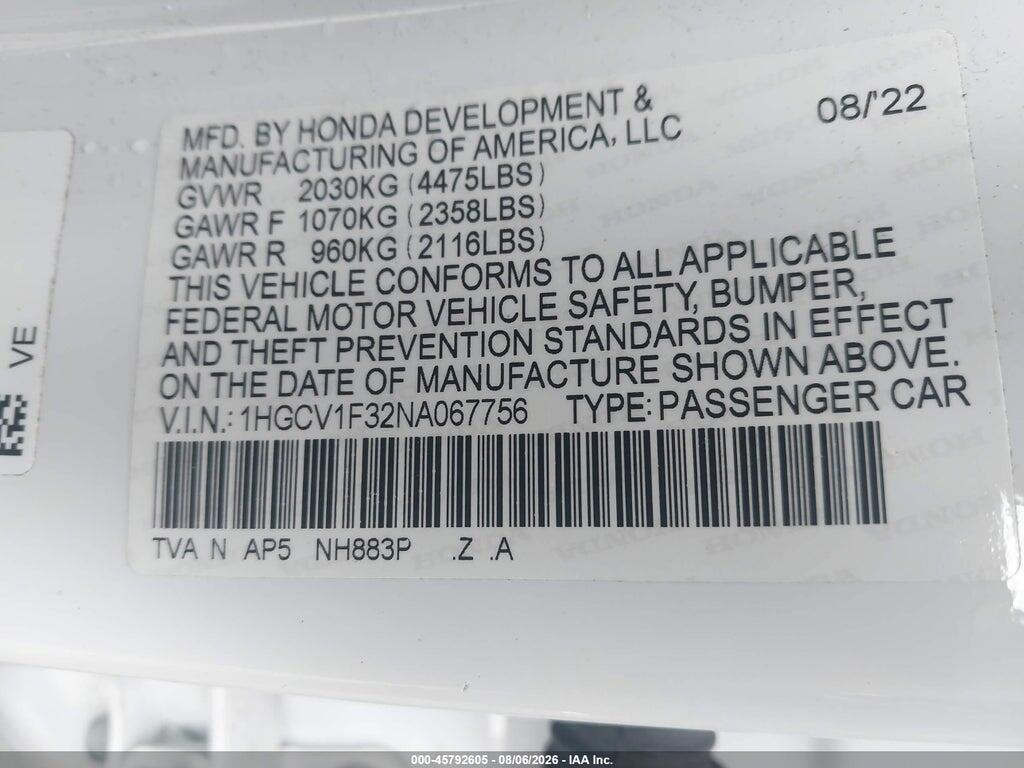 1HGCV1F32NA067756 2022 HONDA ACCORD photo no. 9