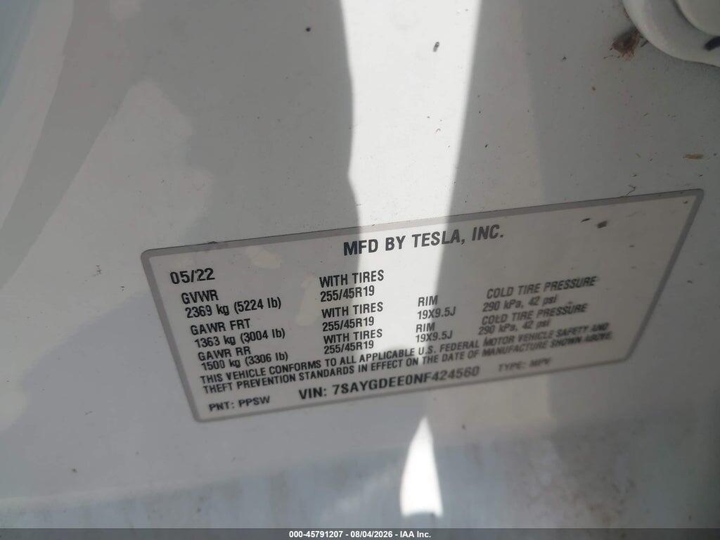 7SAYGDEE0NF424560 2022 TESLA MODEL Y photo no. 9