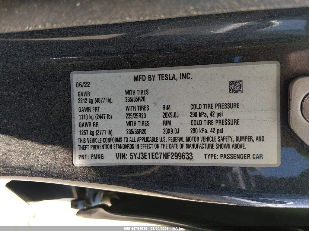 5YJ3E1EC7NF299633 2022 TESLA MODEL 3 photo no. 9
