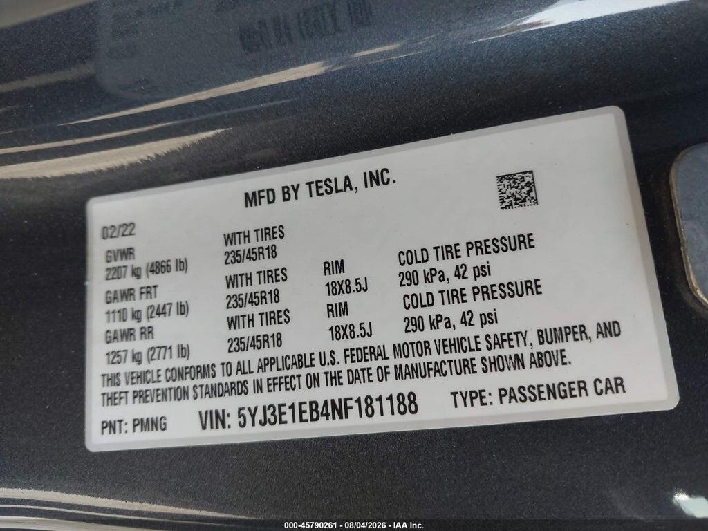 5YJ3E1EB4NF181188 2022 TESLA MODEL 3 photo no. 9