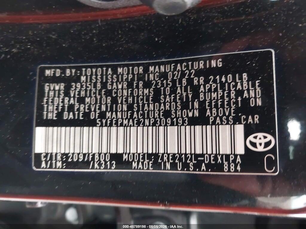 5YFEPMAE2NP309193 2022 TOYOTA COROLLA photo no. 9