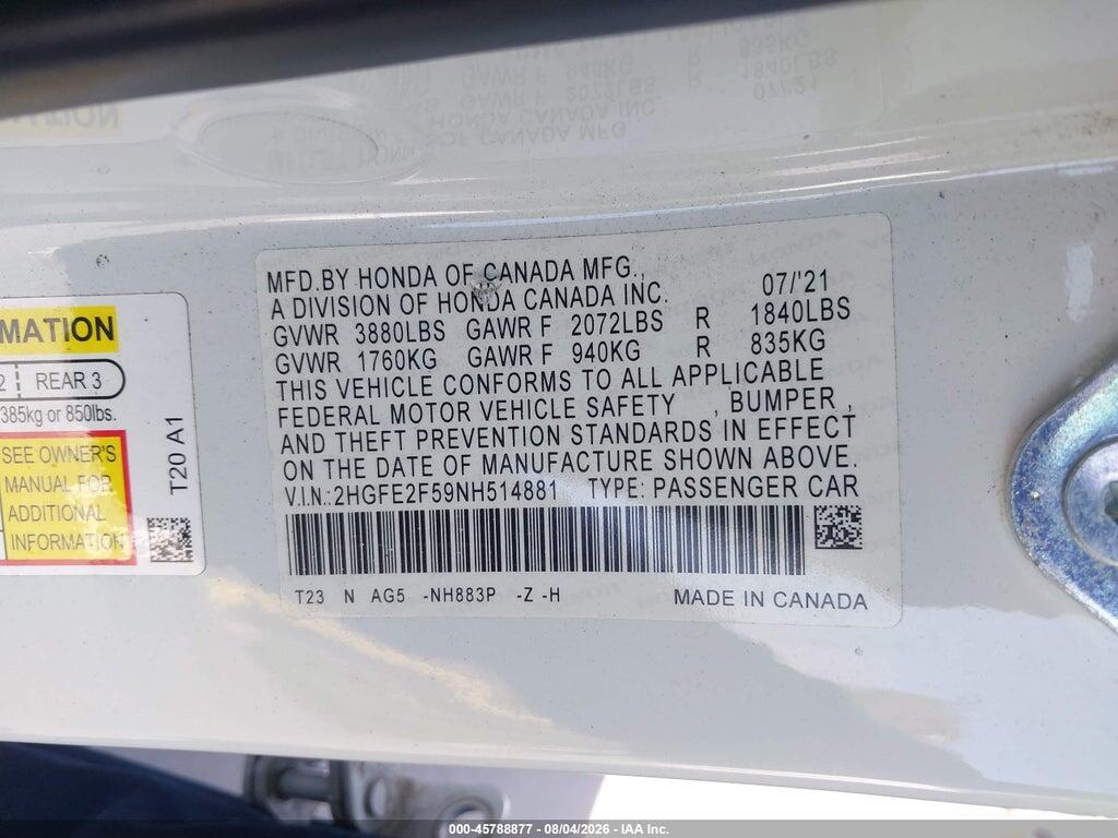 2HGFE2F59NH514881 2022 HONDA CIVIC photo no. 9