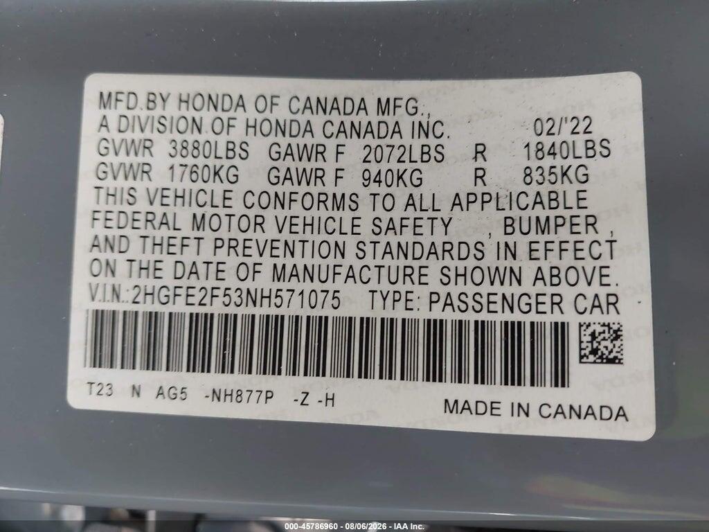 2HGFE2F53NH571075 2022 HONDA CIVIC photo no. 9