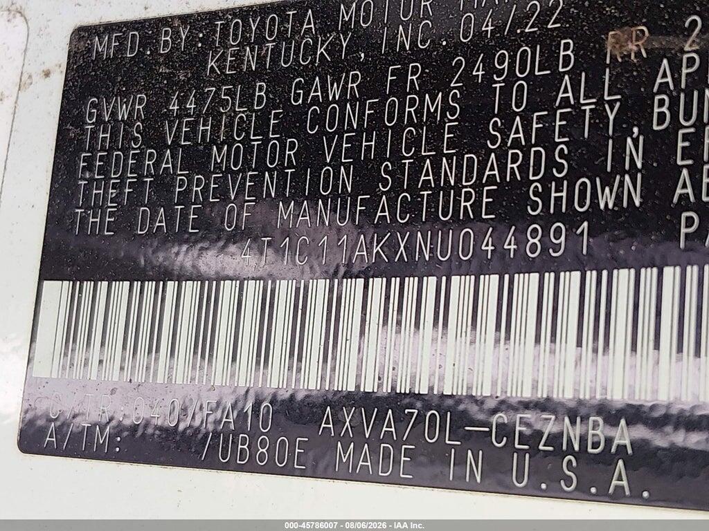 4T1C11AKXNU044891 2022 TOYOTA CAMRY photo no. 9