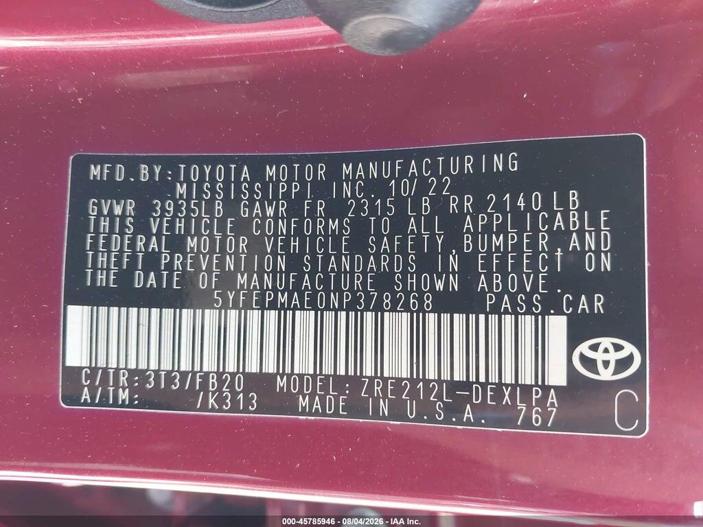5YFEPMAE0NP378268 2022 TOYOTA COROLLA photo no. 9