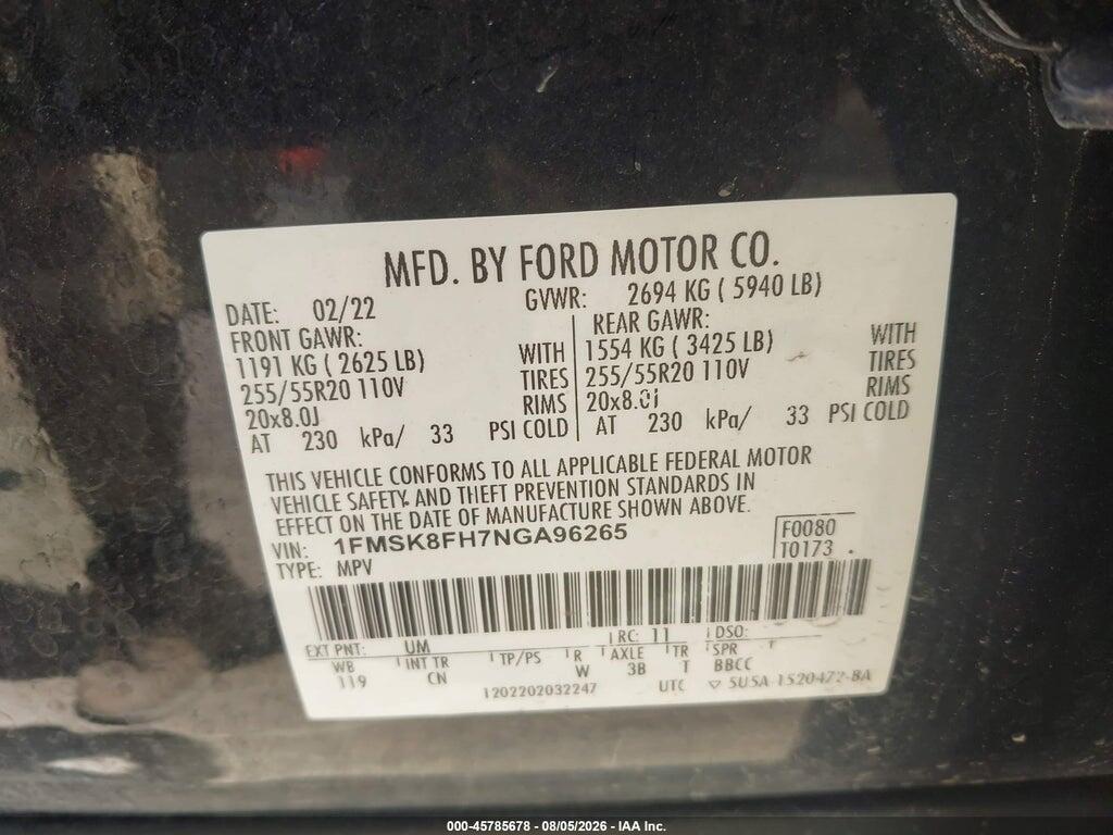 1FMSK8FH7NGA96265 2022 FORD EXPLORER photo no. 9
