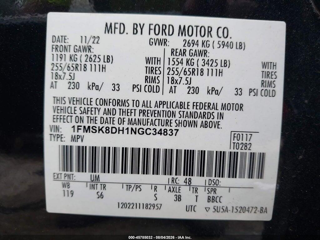 1FMSK8DH1NGC34837 2022 FORD EXPLORER photo no. 9