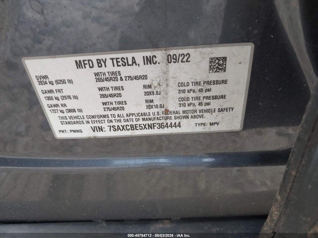 7SAXCBE5XNF364444 2022 TESLA MODEL X photo no. 9
