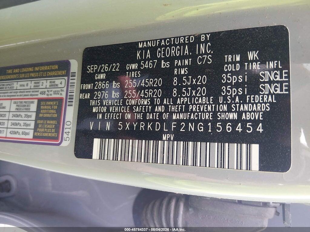 5XYRKDLF2NG156454 2022 KIA SORENTO photo no. 9