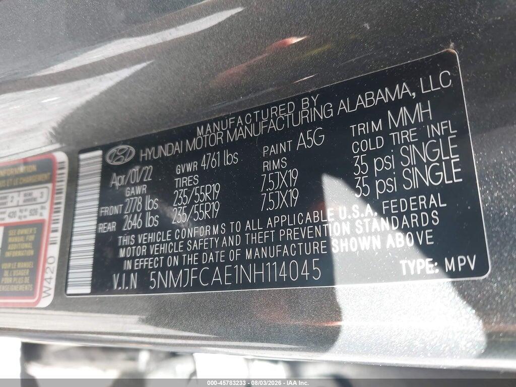 5NMJFCAE1NH114045 2022 HYUNDAI TUCSON photo no. 9