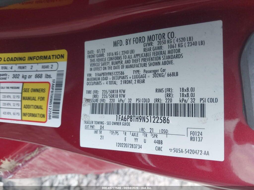 1FA6P8TH9N5122586 2022 FORD MUSTANG photo no. 9