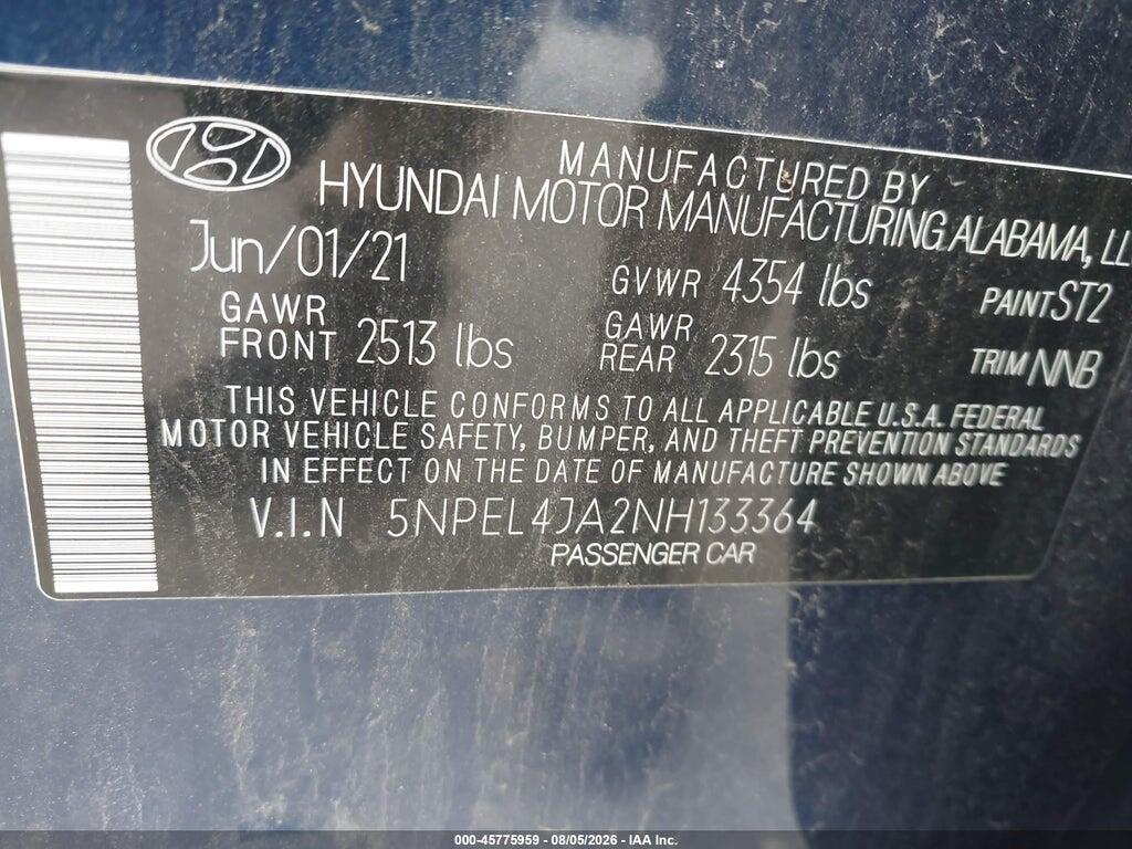 5NPEL4JA2NH133364 2022 HYUNDAI SONATA photo no. 9