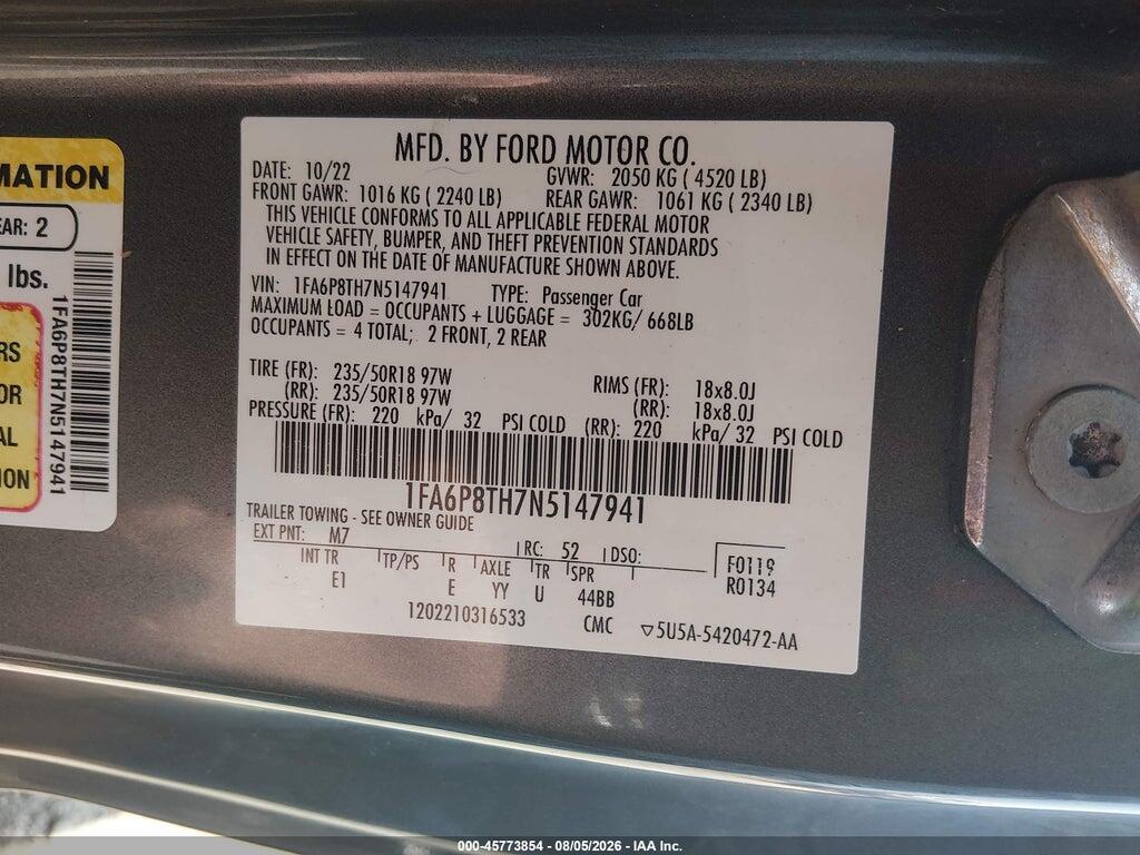 1FA6P8TH7N5147941 2022 FORD MUSTANG photo no. 9