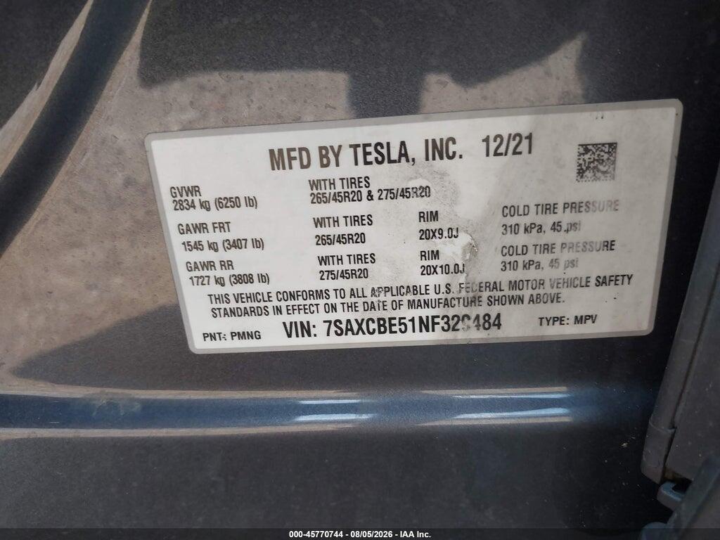 7SAXCBE51NF329484 2022 TESLA MODEL X photo no. 9