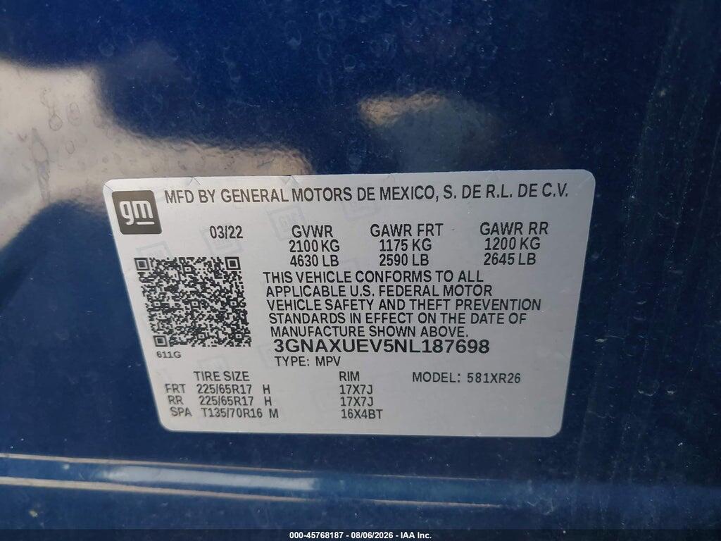 3GNAXUEV5NL187698 2022 CHEVROLET EQUINOX photo no. 9