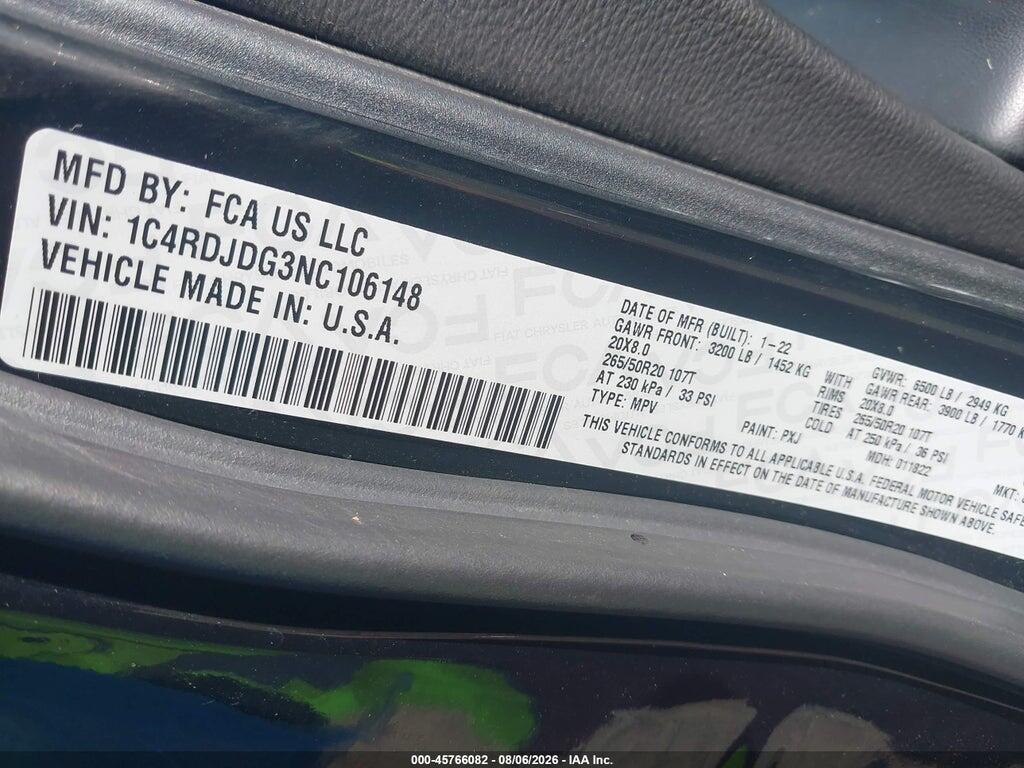 1C4RDJDG3NC106148 2022 DODGE DURANGO photo no. 9