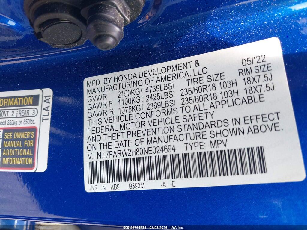 7FARW2H80NE024694 2022 HONDA CR-V photo no. 9
