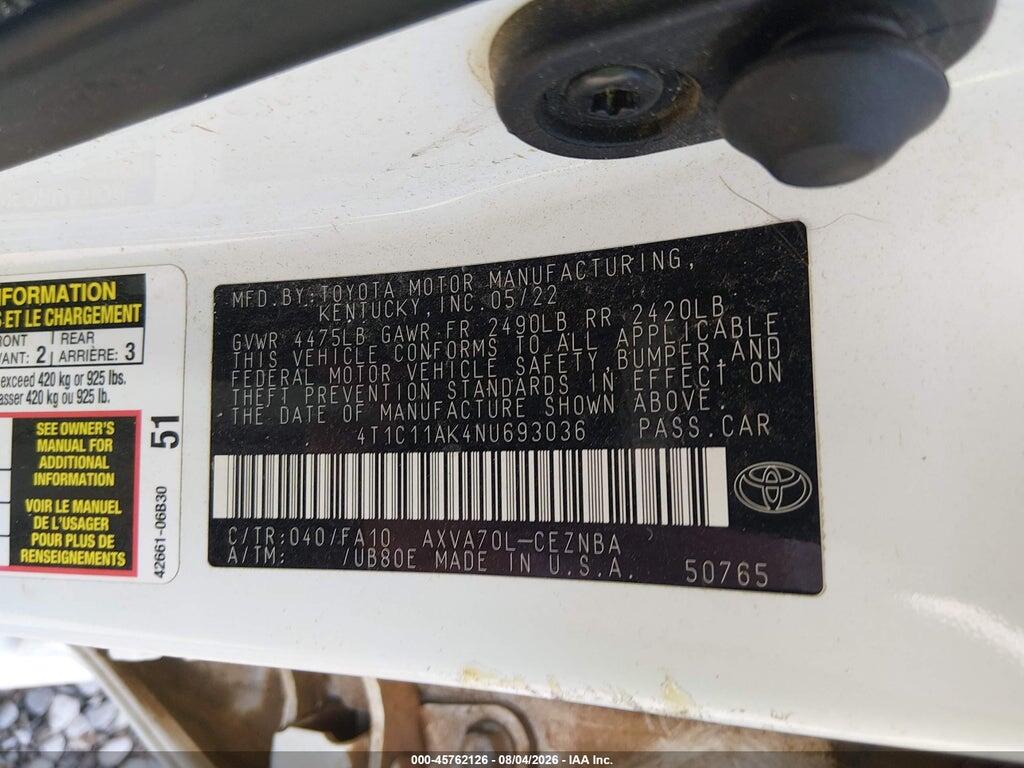 4T1C11AK4NU693036 2022 TOYOTA CAMRY photo no. 9