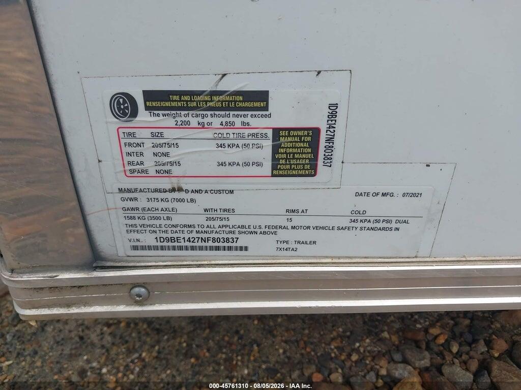 1D9BE1427NF803837 2022 CUSTOM TRAILERS D AND A 7 X 14 TA2 photo no. 9