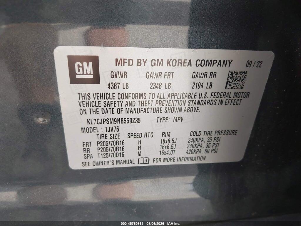 KL7CJPSM9NB559235 2022 CHEVROLET TRAX photo no. 9