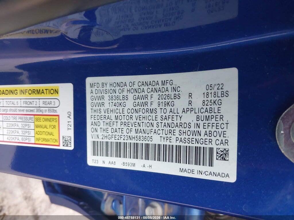 2HGFE2F23NH583605 2022 HONDA CIVIC photo no. 9