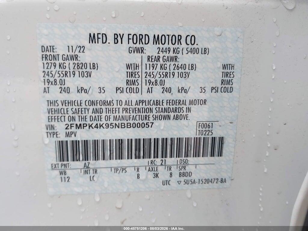 2FMPK4K95NBB00057 2022 FORD EDGE photo no. 9