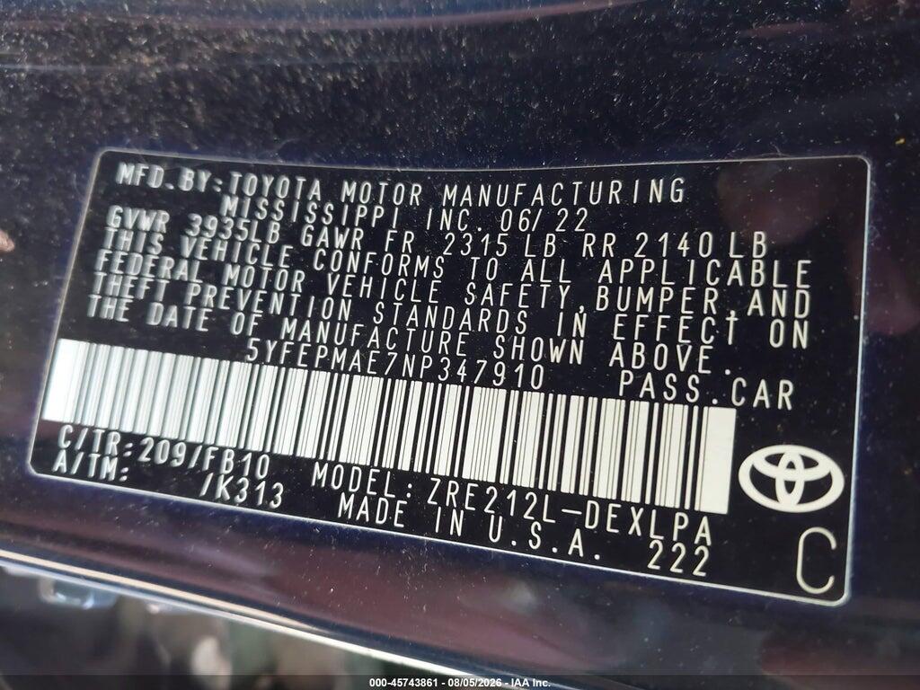 5YFEPMAE7NP347910 2022 TOYOTA COROLLA photo no. 9