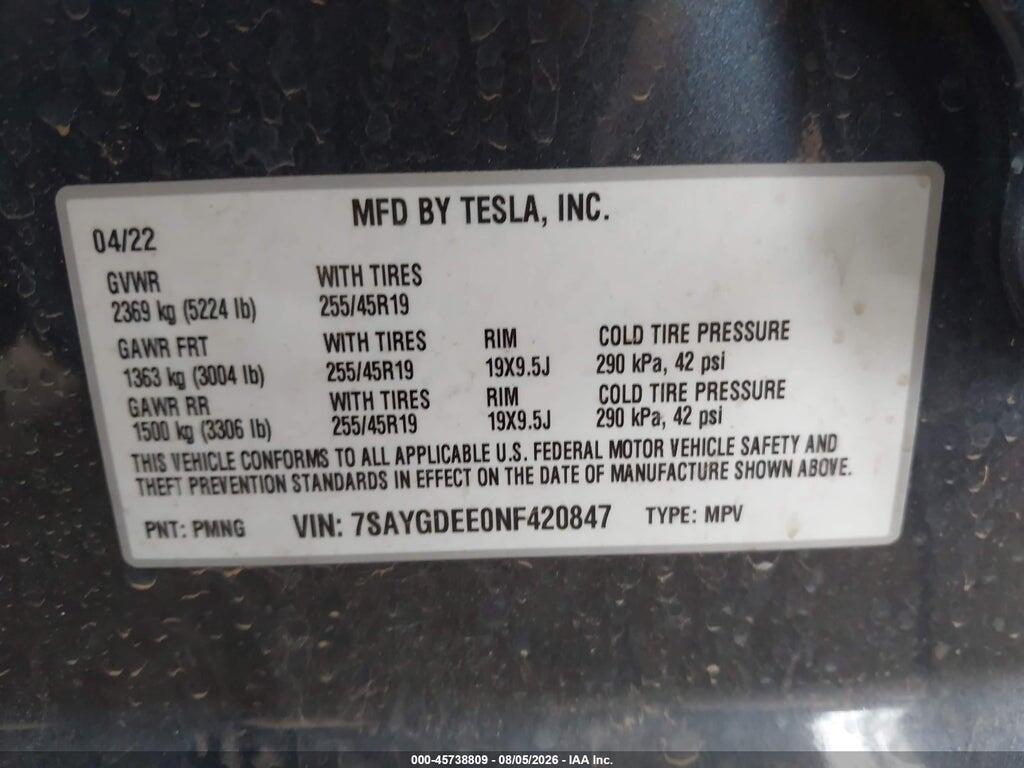 7SAYGDEE0NF420847 2022 TESLA MODEL Y photo no. 9