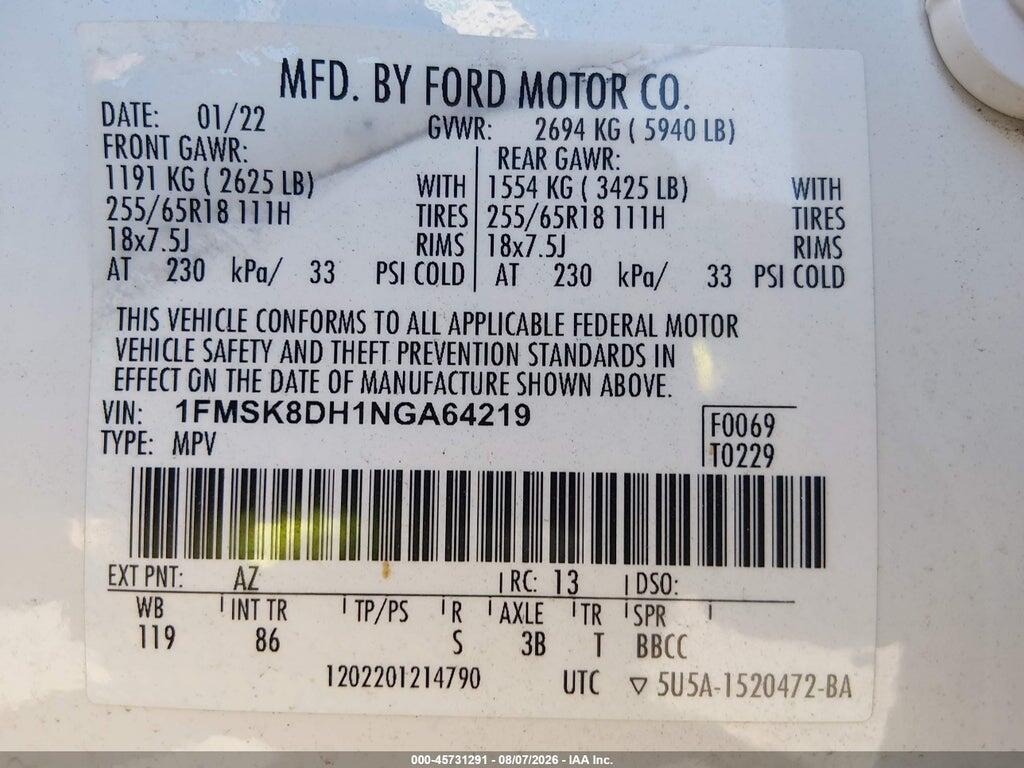 1FMSK8DH1NGA64219 2022 FORD EXPLORER photo no. 9