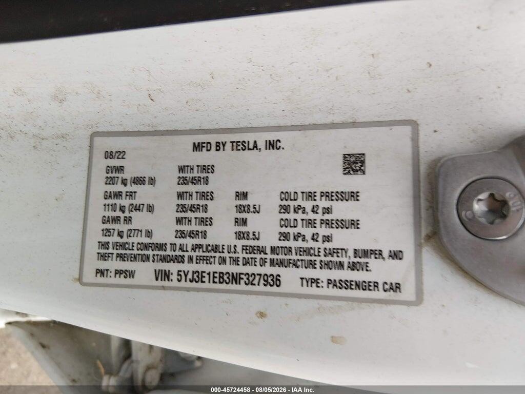 5YJ3E1EB3NF327936 2022 TESLA MODEL 3 photo no. 9
