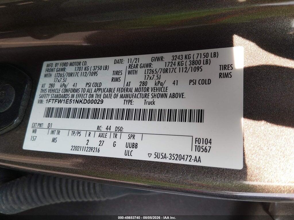 1FTFW1E51NKD00029 2022 FORD F-150 photo no. 9