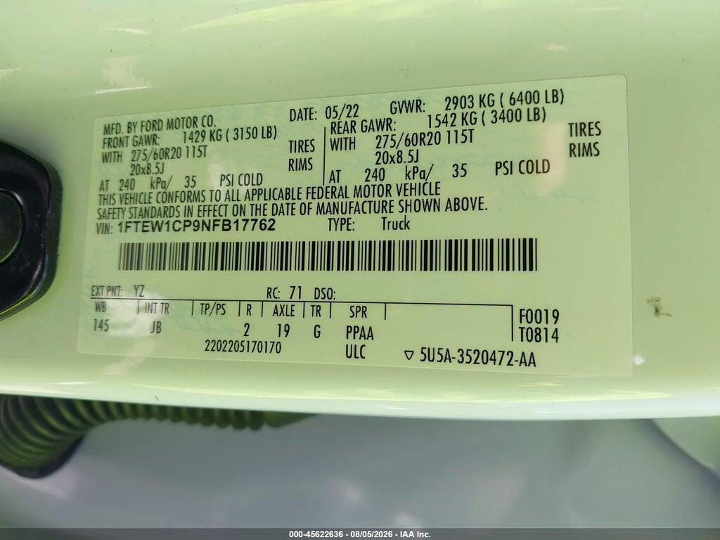 1FTEW1CP9NFB17762 2022 FORD F-150 photo no. 9