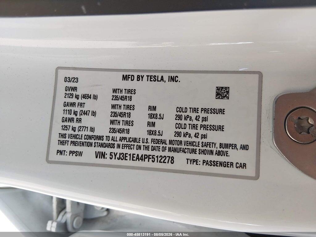 5YJ3E1EA4PF512278 2023 TESLA MODEL 3 photo no. 9