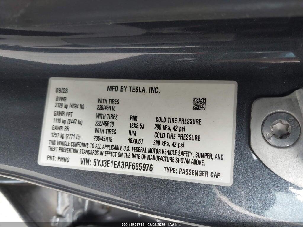 5YJ3E1EA3PF665976 2023 TESLA MODEL 3 photo no. 9