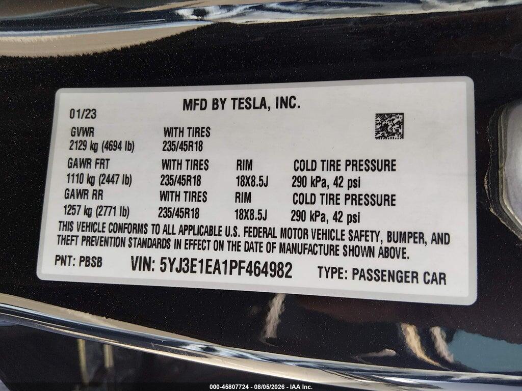 5YJ3E1EA1PF464982 2023 TESLA MODEL 3 photo no. 9