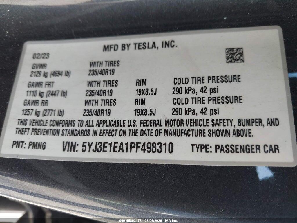 5YJ3E1EA1PF498310 2023 TESLA MODEL 3 photo no. 9